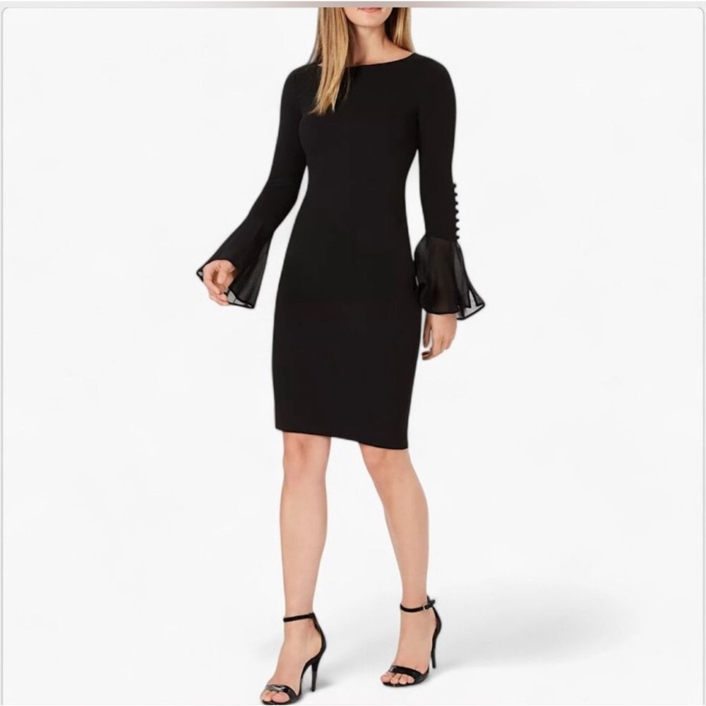 NWT Calvin Klein Black Chiffon Bell Sleeve Sheath Dress Size 4 Boat Neck